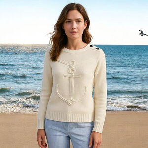 Women’s Talbots Anchor Cotton Sweater, Petite M, Off White